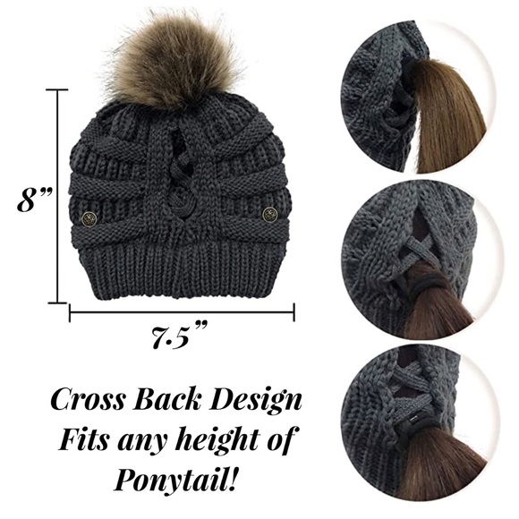 Dark Gray Knit Criss Cross Ponytail Pom Pom Beanie with Mask Buttons - Picture 15 of 15